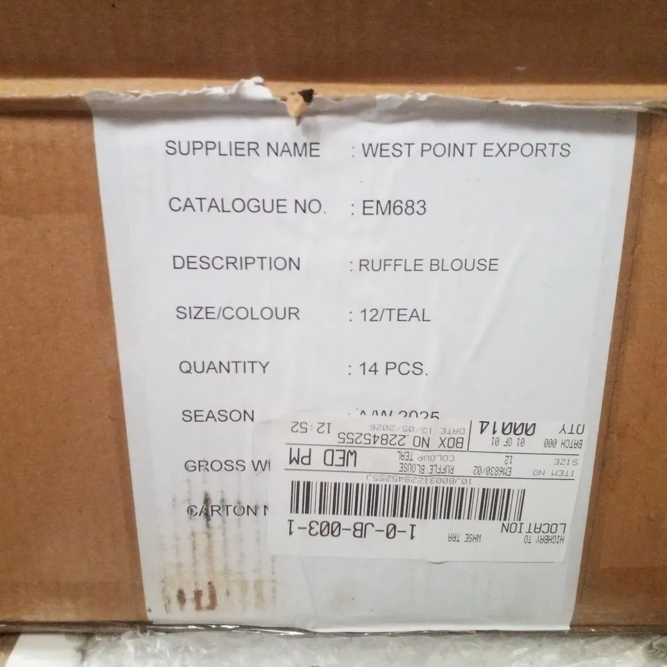 BOX CONTAINING APPROXIMATELY 14 BRAND NEW SIMPLY BE TEAL RUFFLE BLOUSES - SIZE 12