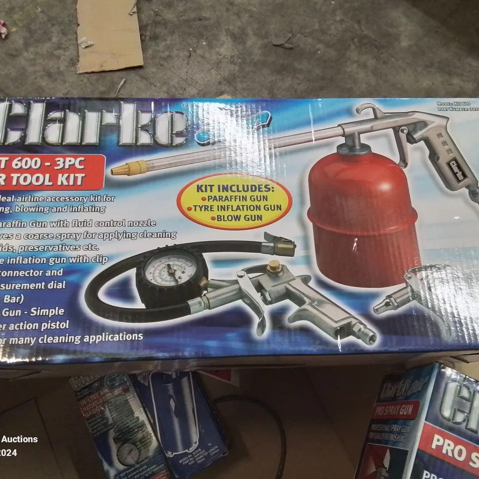 BOX OF MIXED TOOLS TO INCLUDE:CLARKE 400W AIR GUN, PRO SPRAY GUN, IN-LINE AIR REGULATOR WITH GAUGE AND HEAT GUN.