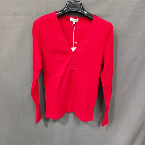 ALBARAY RIB BUTTON TOP – RED, UK 12, WOMEN'S KNIT TOP