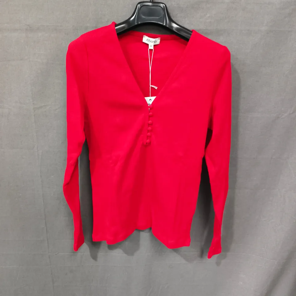 ALBARAY RIB BUTTON TOP – RED, UK 12, WOMEN'S KNIT TOP