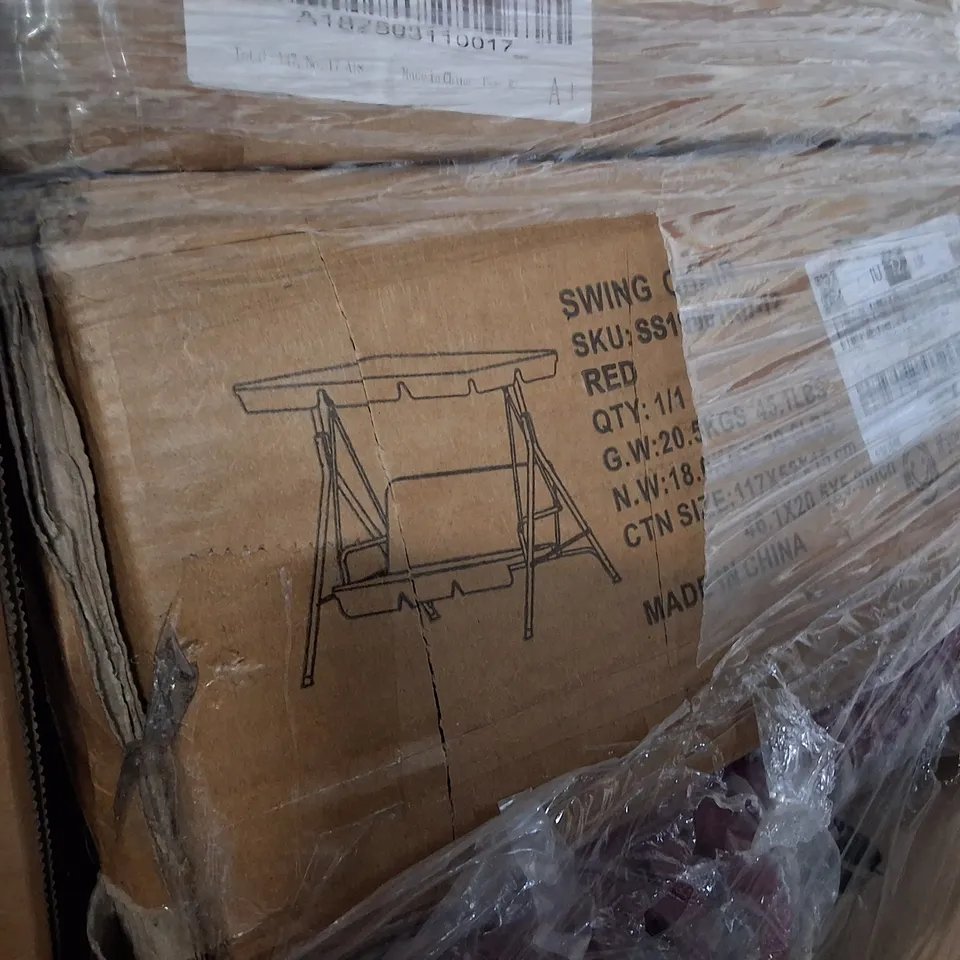 PALLET OF ASSORTED ITEMS TO COMBINATION SAFE, FLAT PACK FURNITURE AND BOXED SWING CHAIR