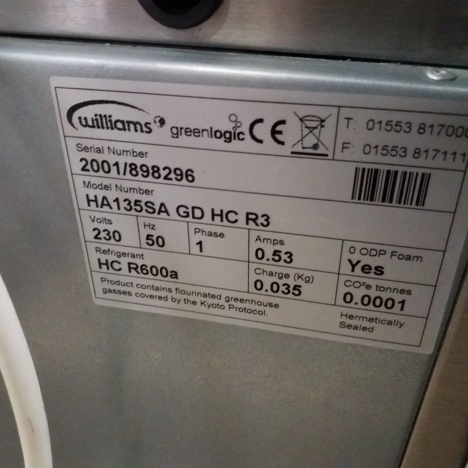 WILLIAMS SINGLE CLEAR DOOR 135LTR UNDERCOUNTER REFRIGERATOR HA135-SA