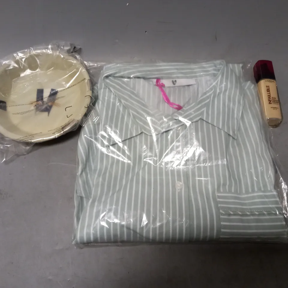 BOX OF APPROXIMATELY 5 ASSORTED ITEMS TO INCLUDE -STRIPE SHIRT , L,OREAL FRESH WEAR , CAT BOWL ETC