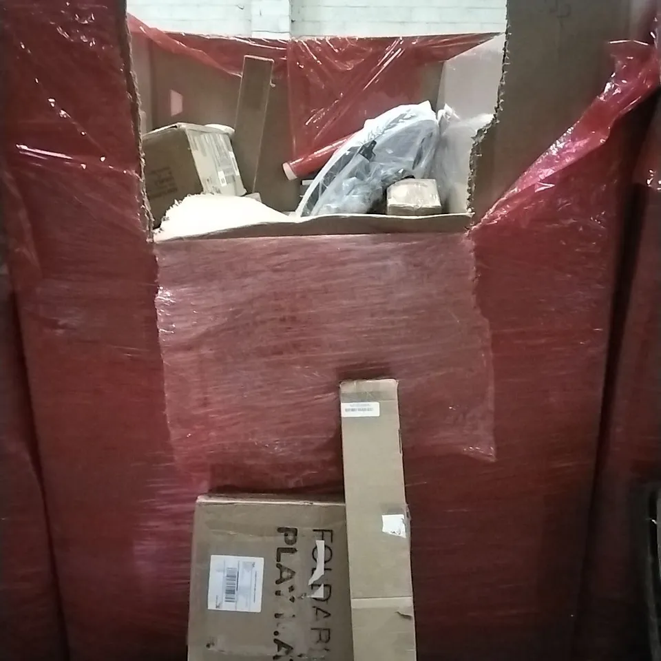 PALLET OF HOUSEHOLD ITEMS TO INCLUDE TENSION ROD,ANDREX TOILET PAPER, DRYWALL SANDER, FOLDABLE PLAY MAT AND OTHER ASSORTED ITEMS...