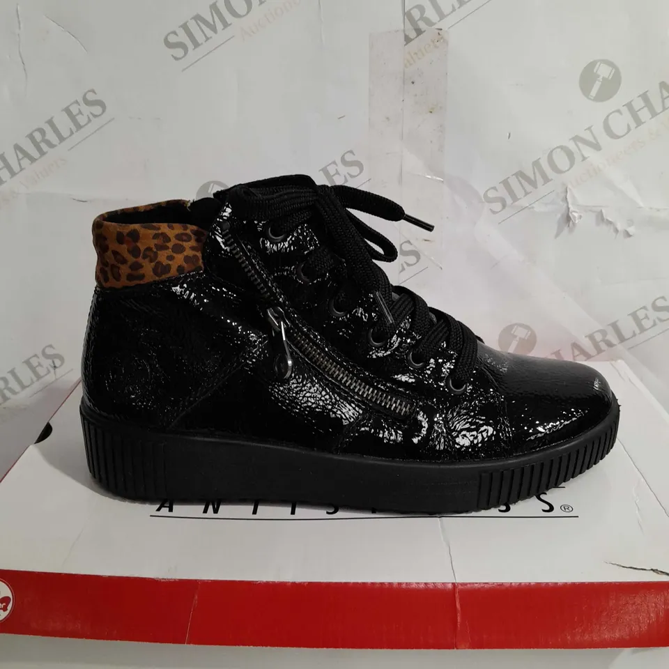 BOXED PAIR OF RIEKER BROWN HIGH TOP LEOPARD CUFF TRAINERS BLACK - SIZE 5 