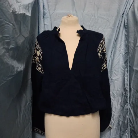 ZARA WOMEN'S NAVY EMBROIDERED BLOUSE, V-NECK, PUFF SLEEVES – (S)