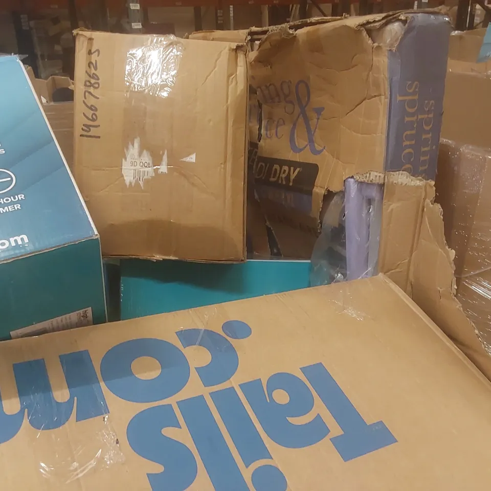 PALLET CONTAINING A VERY LARGE QUANTITY OF ASSORTED CONSUMER PRODUCTS INCLUDING: HEATED CLOTHES AIRER, SMART AIR ALL SEASON FAN, BOSCH LAWNMOWER ECT