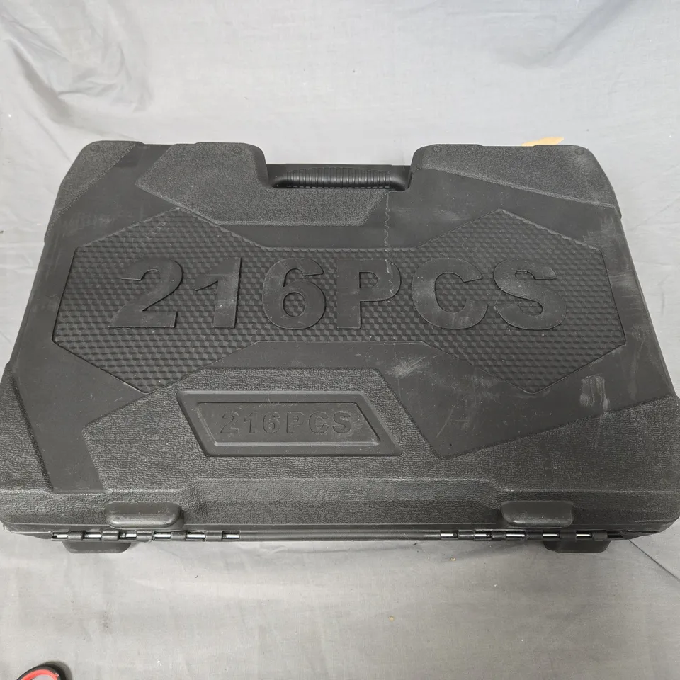 216-PIECE TOOL SET IN HARD PLASTIC CARRY CASE. ONE LATCH ON CASE IS BROKEN
