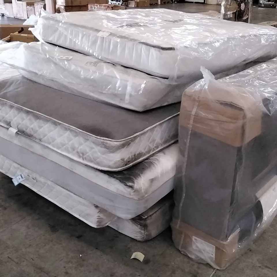 STACK OF APPROXIMATELY 6 ASSORTED MATTRESSES AND BED BASE 