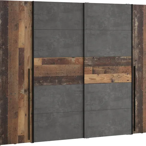 BOXED FORTE NARAGO WARDROBE 270 RUSTIC HINGED/SLIDING DOOR WARDROBE 4 DOOR SPACIOUS WOOD COMPOSITE OLD WOOD VINTAGE WOOD DECOR/CONCRETE LOOK GREY, 270.3 CM WIDE X 210.5 CM HIGH X 61.2 CM DEEP (4 BOXES