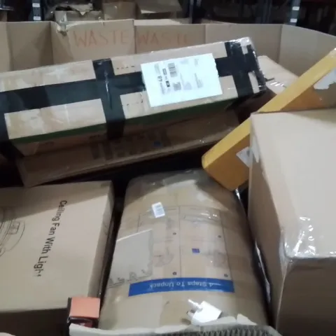 PALLET OF ASSORTED HOUSEHOLD GOODS AND PRODUCTS TO INCLUDE;FAN,CEILING FAN WITH LIGHT