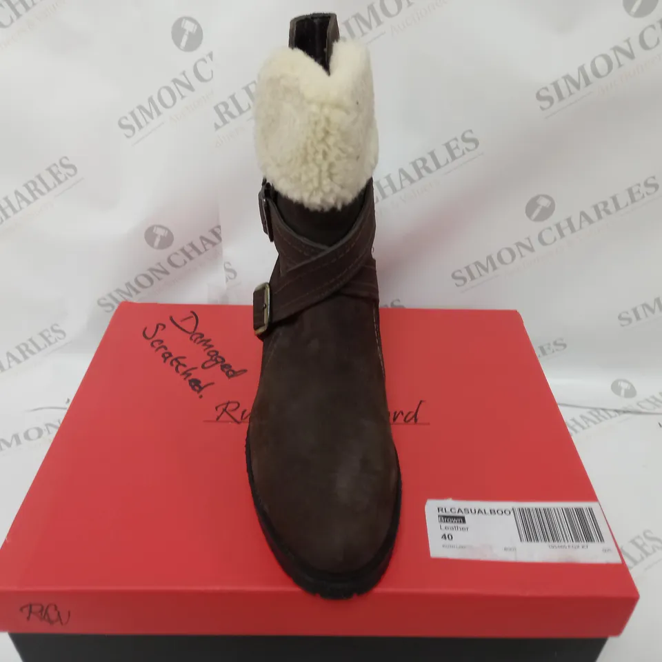 BOXED PAIR OF RUTH LANGSFORD CASUAL BOOTS, OAK - SIZE 7