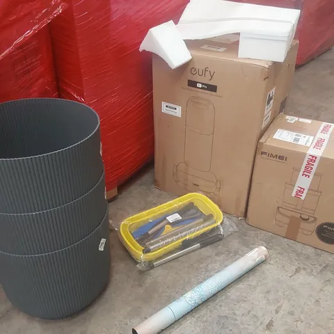 PALLET CONTAINING A LARGE QUANTITY OF ASSORTED ITEMS INCLUDING: EUFY S1 PRO SELF-CLEANING ROBOT VACUUM & MOP, FULL-SIZE FOOD PROCESSOR, MOP, WORLD SCRATCH MAPS, ELHO PLANTERS, TOY SWORDS ECT
