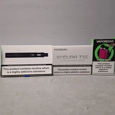 BOX OF APPROXIMATELY 15 ASSORTED E-CIGARETTES TO INCLUDE - VAPORESSO , INNOKIN 