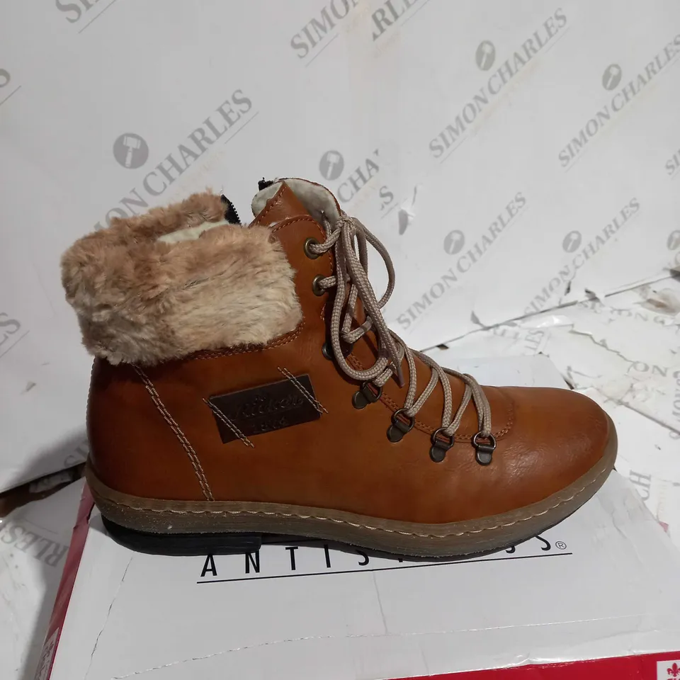 BOXED PAIR OF RIEKER LACE UP ANKLE BOOTS - TAN - UK SIZE 8