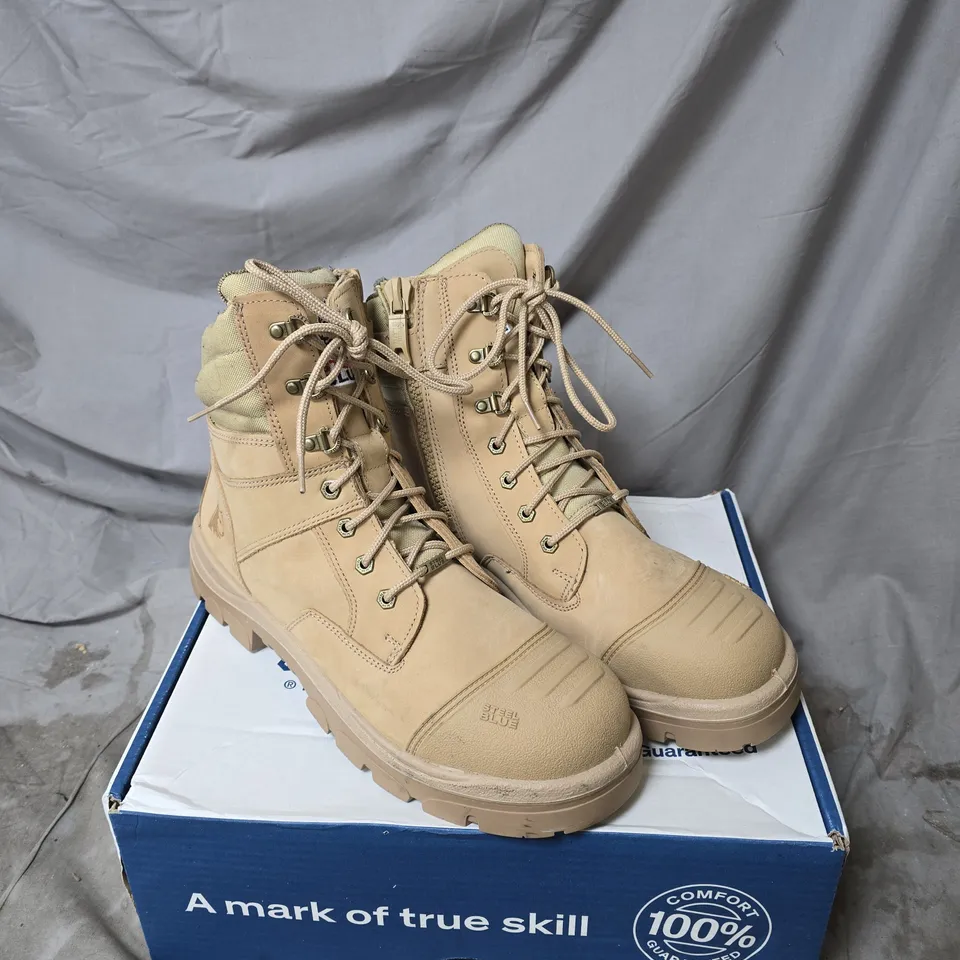 STEEL BLUE TAN COMBAT-STYLE BOOTS – MEN'S FOOTWEAR (LACE-UP), ON ORIGINAL BOX SIZE 49
