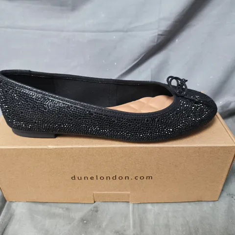 DUNE LONDON BLACK CRYSTAL-EMBELLISHED BALLET FLATS - BOXED - SIZE 7
