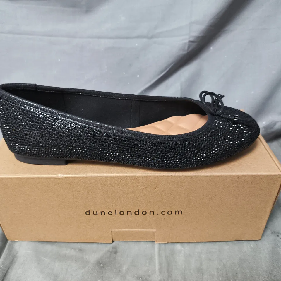 DUNE LONDON BLACK CRYSTAL-EMBELLISHED BALLET FLATS - BOXED - SIZE 7