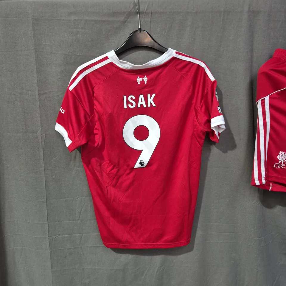 LIVERPOOL FC ADIDAS FOOTBALL JERSEY AND SHORTS  – ISAK 9 (LFC CREST, STANDARD CHARTERED)