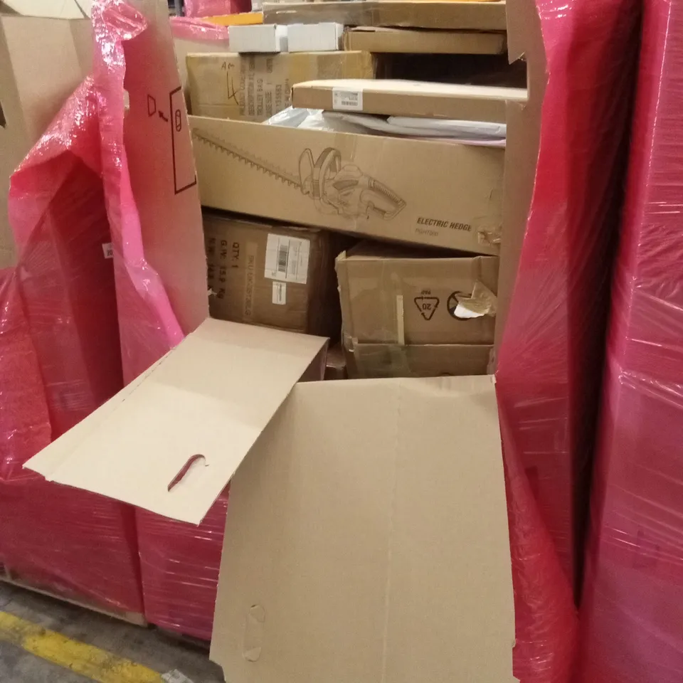 PALLET OF ASSORTED HOUSEHOLD GOODS AND PRODUCTS TO INCLUDE; ELECTRIC HEDGE TRIMMER, SEWING MACHINE, BOXED FURNITURE ETC