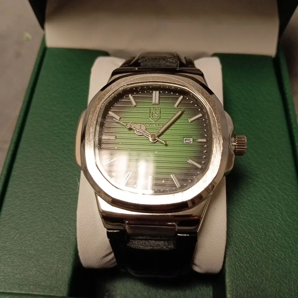 FRANK SCHMIDT WATCH – TEXTURED DIAL WITH DATE – LEATHER STRAP – 3ATM WATER RESISTANT – GIFT BOX