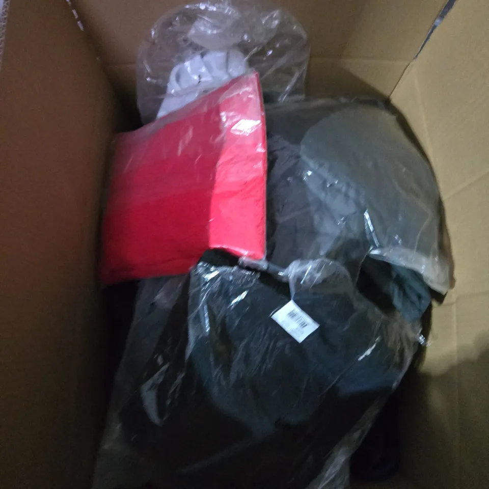 LARGE BOX OF ASSORTED CLOTHING ITEMS IN VARIOUS SIZES, STYLES AND COLOUR 