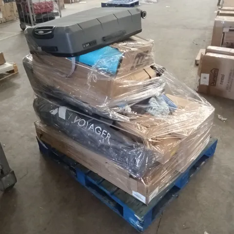 PALLET OF ASSORTED HOUSEHOLD GOODS AND PRODUCTS TO INCLUDE; BABY PLAYPEN, SUITCASES, CAMPING CHAIR ETC
