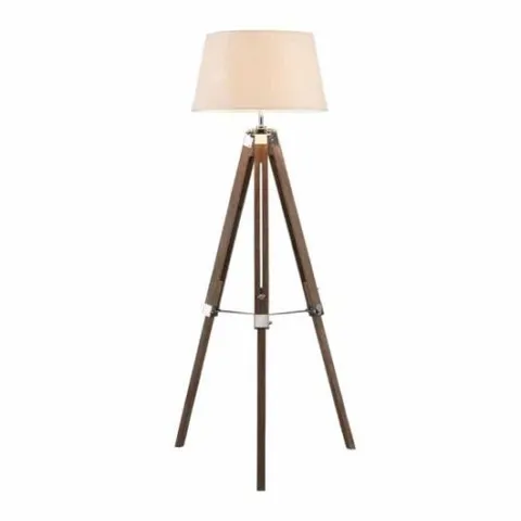 BOXED PREMIER HOUSEWARES BAILEY 1 LIGHT BROWN TRIPOD FLOOR LAMP WITH WHITE SHADE