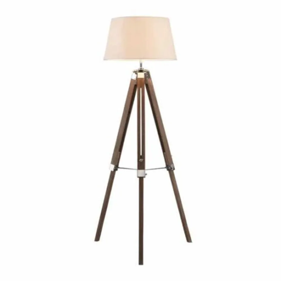 BOXED PREMIER HOUSEWARES BAILEY 1 LIGHT BROWN TRIPOD FLOOR LAMP WITH WHITE SHADE