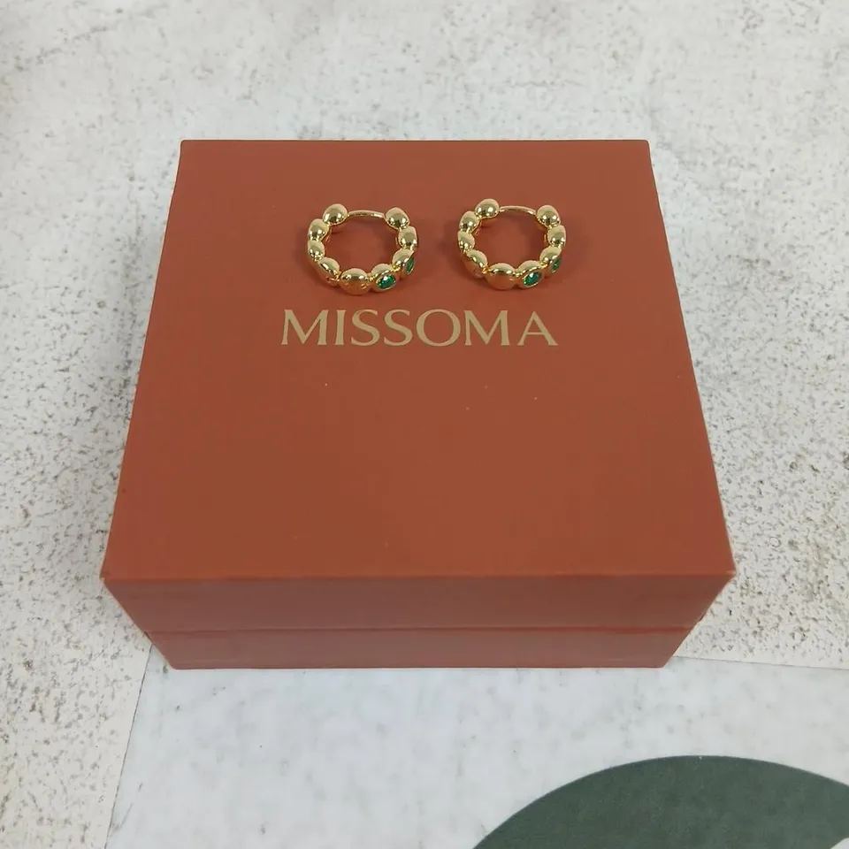 MISSOMA GOLD TONE BEAD HOOP EARRINGS WITH GREEN STONE ACCENTS (PAIR)