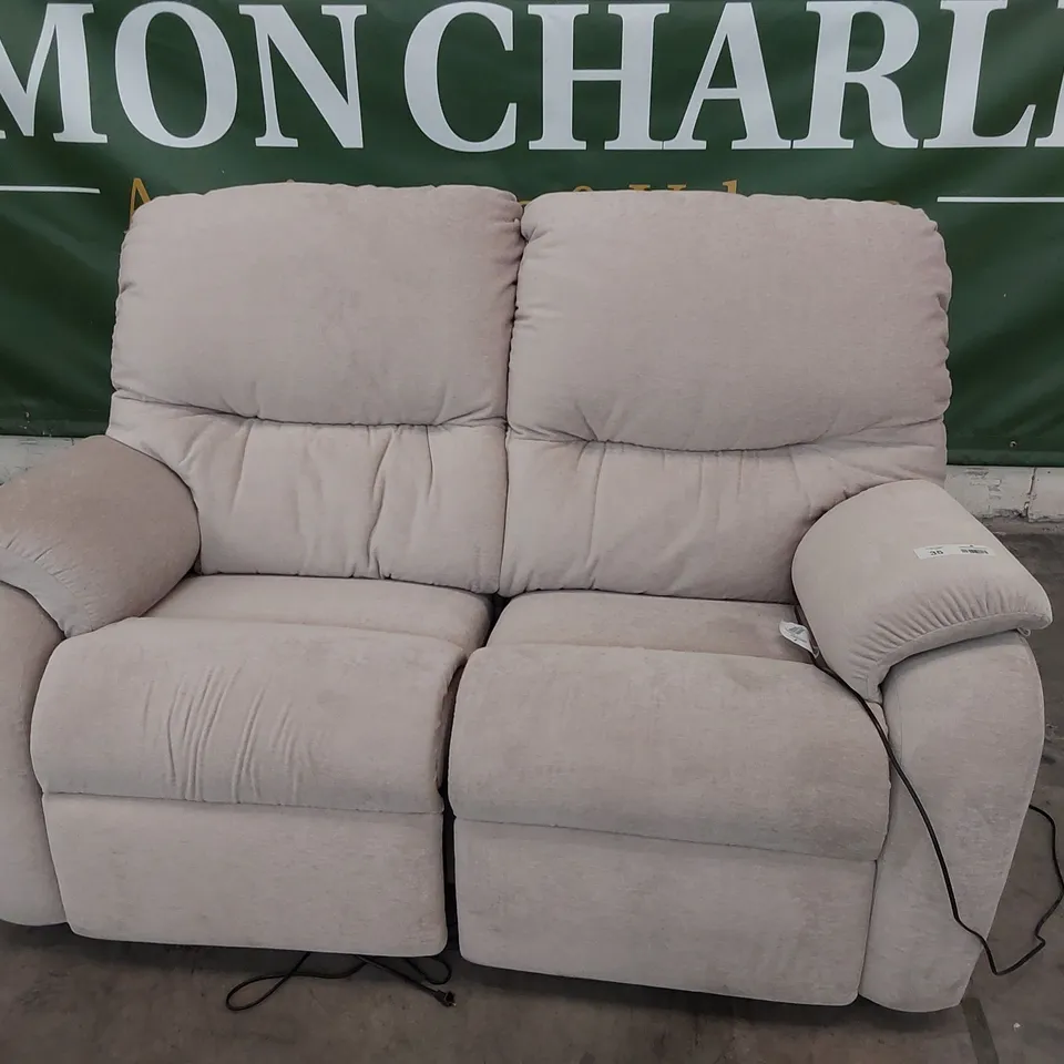 QUALITY BRITISH DESIGNER G PLAN MINSTRAL POWER RECLINING TWO SEATER SOFA MONTILLA ALMOND FABRIC 