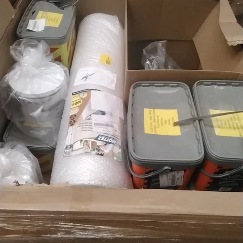 PALLET OF ASSORTED DIY, HOME IMPROVEMENT AND BUILDING PRODUCTS TO INCLUDE; PERMANENT POTHOLE REPAIR, BUBBLE WRAP, READY MIXED PLASTER ETC