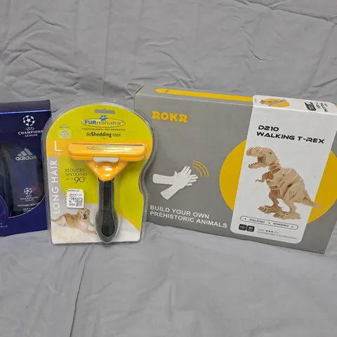 BOX OF APPROXIMATELY 10 HOUSEHOLD ITEMS TO INCLUDE PER FURMINATOR BRUSH, ADIDAS BATH AND BODY GIFT SET AND WALKING T-REX TOY