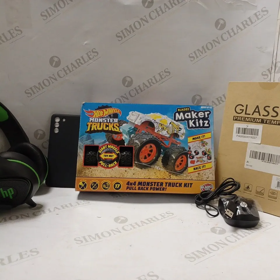 BOX OF APPROX 30 ASSORTED ITEMS TO INCLUDE - HOT WHEELS MONSTER TRUCK - GLASS SCREEN PRO SAMSUNG TAB ACTIVE TAB - HP 400 GAMING HEADSET ECT 