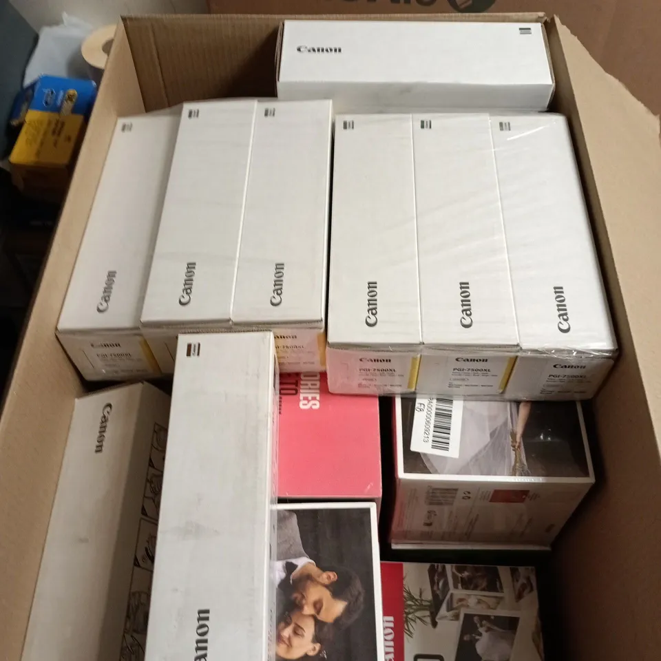 LARGE QUANTITY OF ASSORTED ITEMS TO INCLUDE CANON PHOTO CUBE CREATIVE PACK, CANON PHOTO VALUE PACK, CANON PGI-7500XL ETC - COLLECTION ONLY