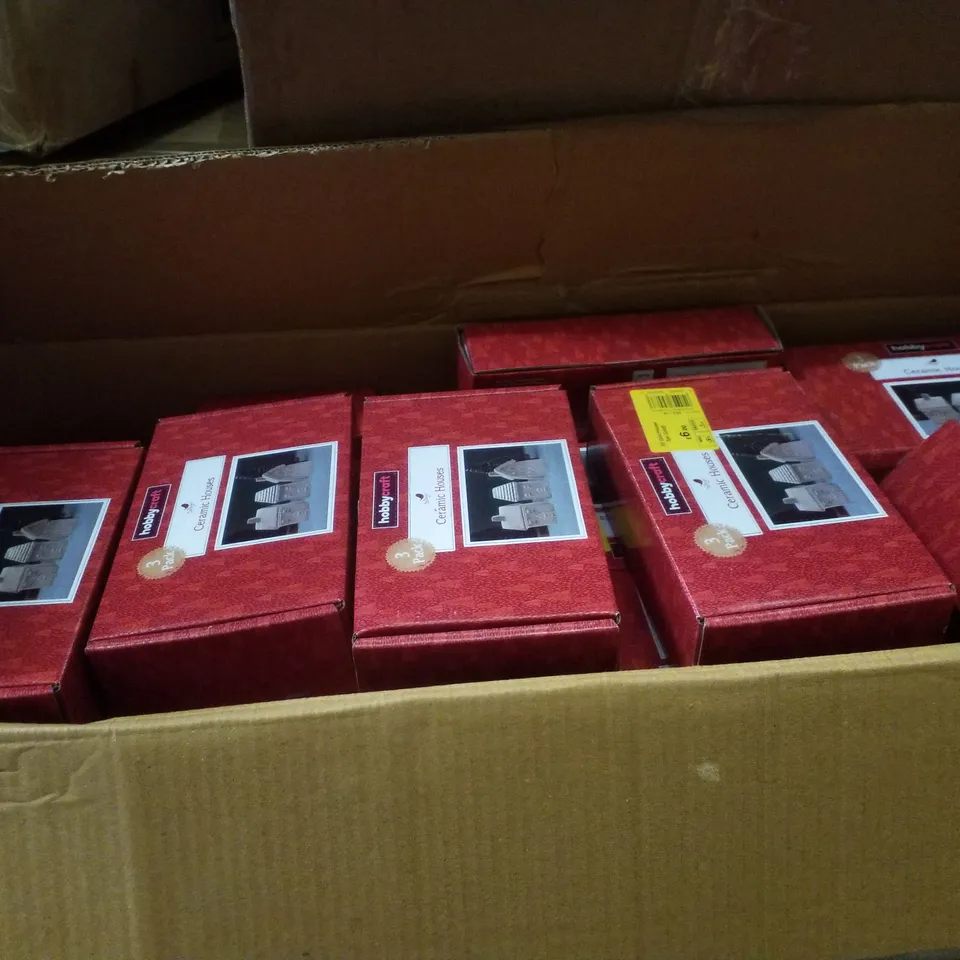 PALLET CONTAINING ASSORTED CHRISTMAS PRODUCTS & DECORATIONS INCLUDING CERAMIC HOUSE, CAKE TOPPERS, WOODEN LIGHT UP VILLAGES & FELT CHRISTMAS TREES