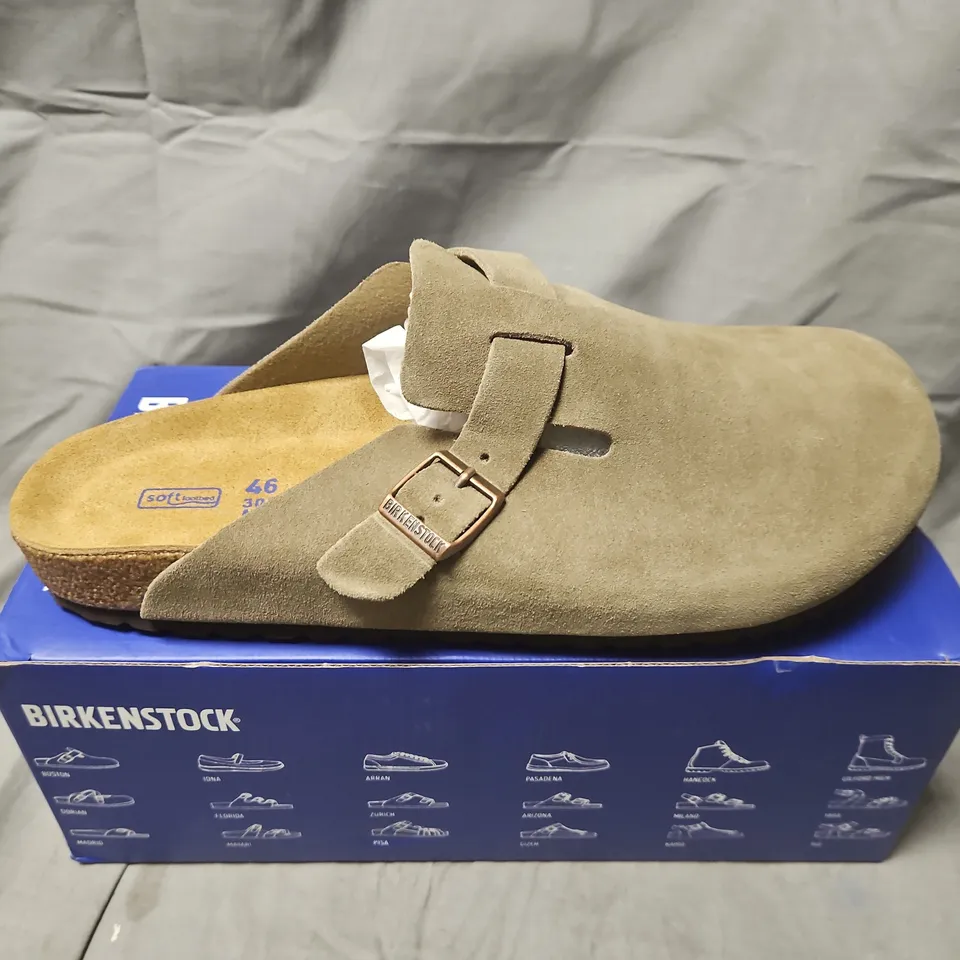 BOXED BIRKENSTOCK BOSTON SUEDE SANDALS – TAUPE, EU 46 (UK 11)