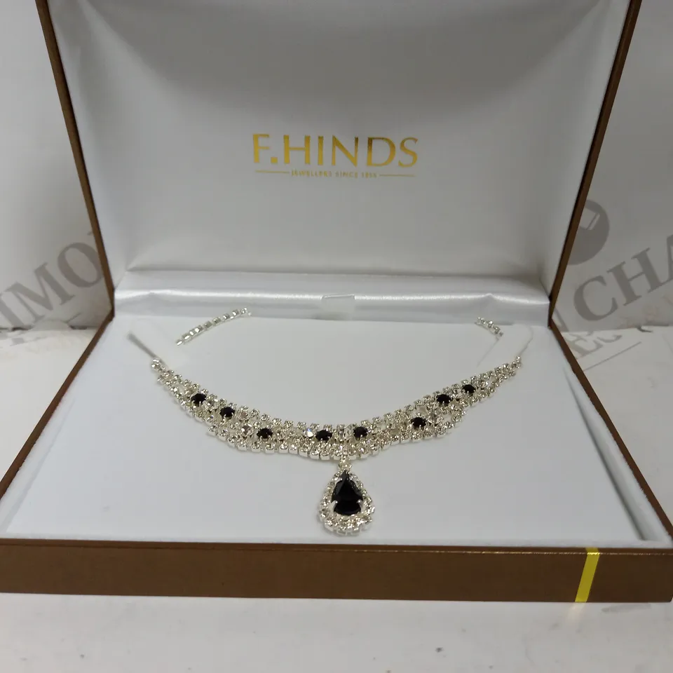 BOXED F. HINDS SILVER EFFECT NECKLACE WITH BLACK STONES