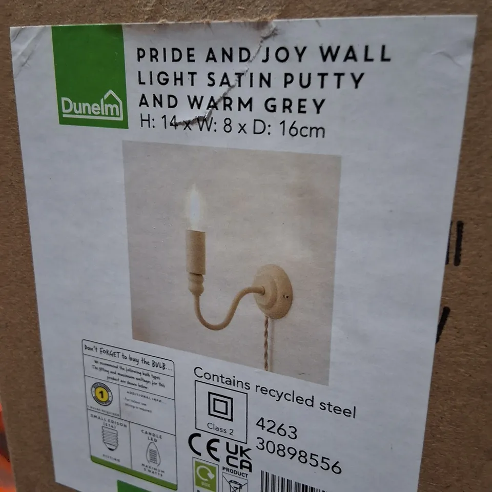 BOXED DUNELM PRIDE AND JOY WALL LIGHT – SATIN PUTTY & WARM GREY