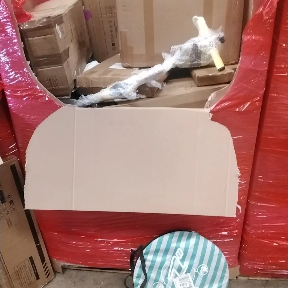 A PALLET CONTAINING ASSORTED HOUSEHOLD GOODS AND PRODUCTS TO INCLUDE; POP UP TENT, BOXED FURNITURE ETC