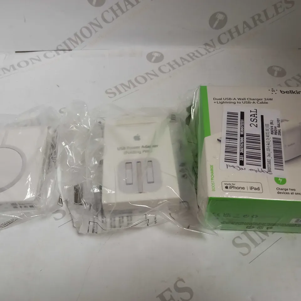 APPLE MAGSAFE CHARGER, APPLE POWER ADAPTER, AND BELKINS USB-A WALL CHARGER