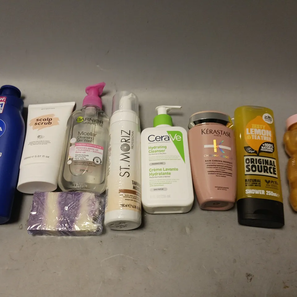 BOX OF APPROXIMATELY 15 COSMETIC ITEMS TO INCLUDE PURPLE HAIR MASK, GIVE ME SHAMPOO, AND ORDINARY DIRECT ACIDS ETC. 