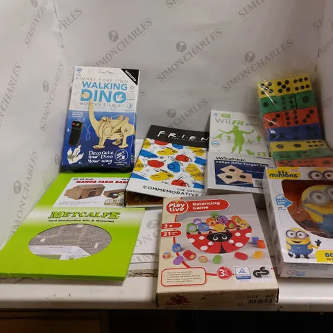 LOT OF ASSORTED TOYS AND GAMES FOR CHILDREN TO INCLUDE WIIFITPLUS, BALANCING GAME, AND BOB MINI-ON LIGHT ETC.