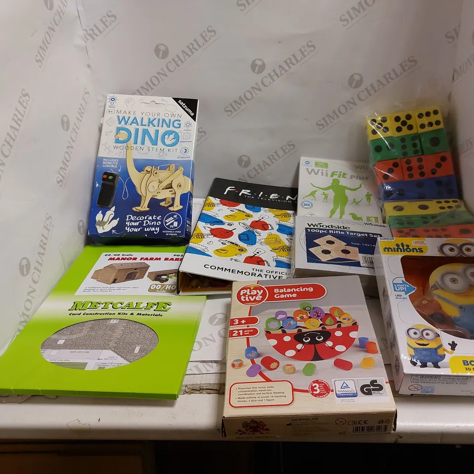 LOT OF ASSORTED TOYS AND GAMES FOR CHILDREN TO INCLUDE WIIFITPLUS, BALANCING GAME, AND BOB MINI-ON LIGHT ETC.
