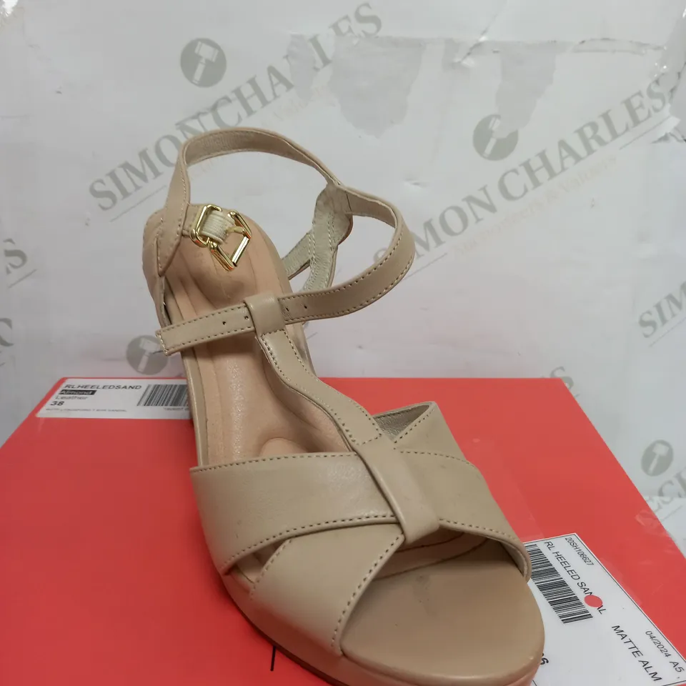 RUTH LANGSFORD BOXED HEELED SANDAL BIEGE SIZE 5
