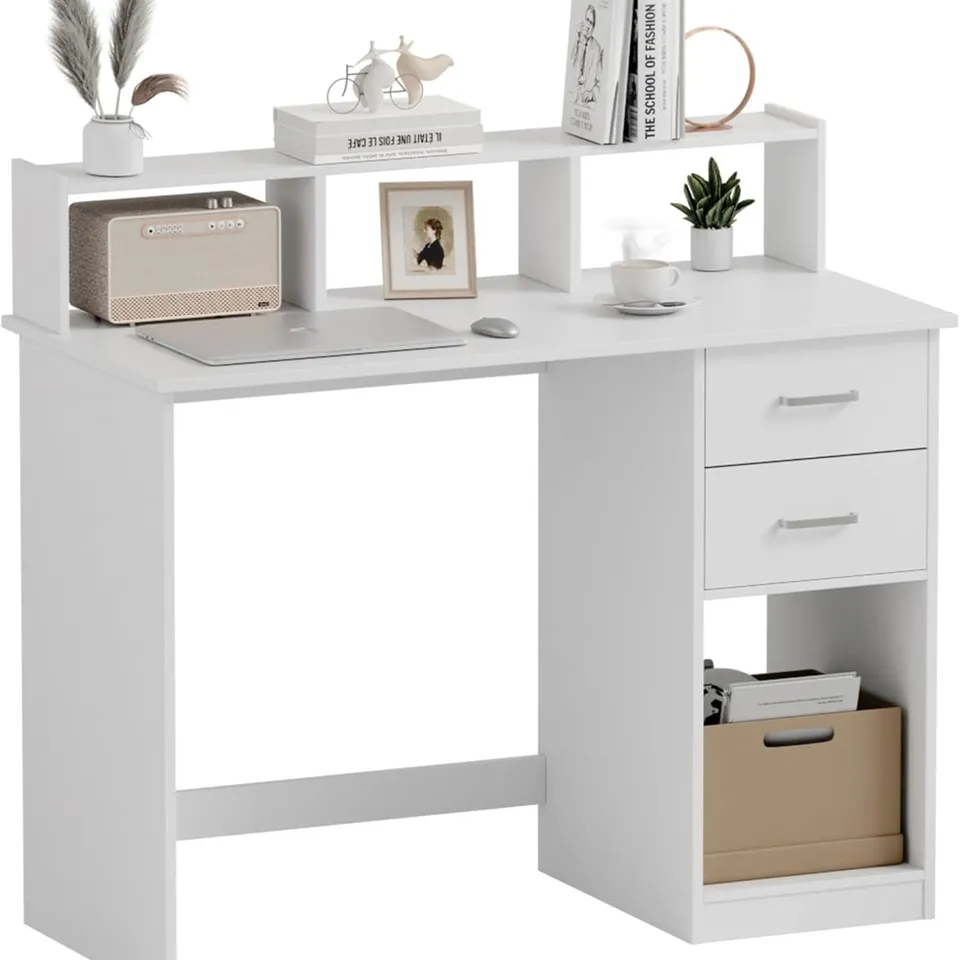 BOXED MONDEER COMPUTER DESK WITH 2 DRAWERS AND STORAGE SHELVES - WHITE (1 BOX)
