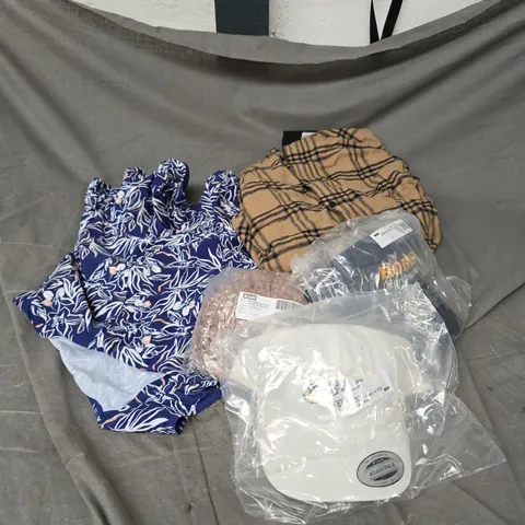 BOX OF APPROXIMATELY 20 ASSORTED CLOTHING ITEMS TO INCLUDE SWIMSUIT, FLANNEL SHIRT, HATS, ETC