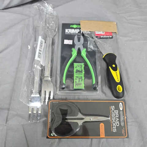 BOX OF ASSORTED ITEMS TO INCLUDE SCISSORS - KRIMP TOOL - FISHING HOOKS  COLLECTION ONLY 