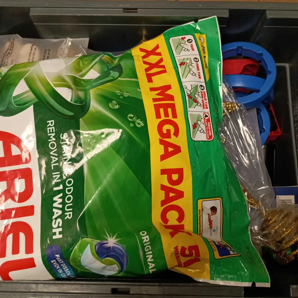 APPROXIMATELY 12 ASSORTED HOUSEHOLD ITEMS TO INCLUDE ARIEL XXL MEGA PACK, BOSTIK DECK CAULK, TWO GO AIR UP POD CASE, ETC