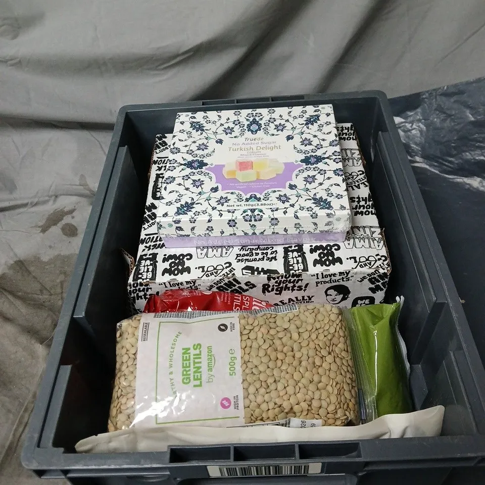 APPROXIMATELY 7 ASSORTED FOOD AND DRINK ITEMS TO INCLUDE PACT COFFEE, LENTILS, TURKISH DELIGHT ETC